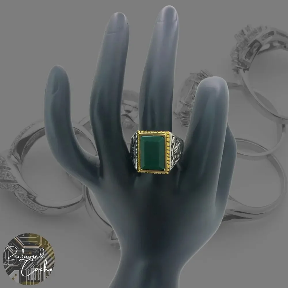 Silver and Gold Boho Ring with Green Stone - Size 8.5